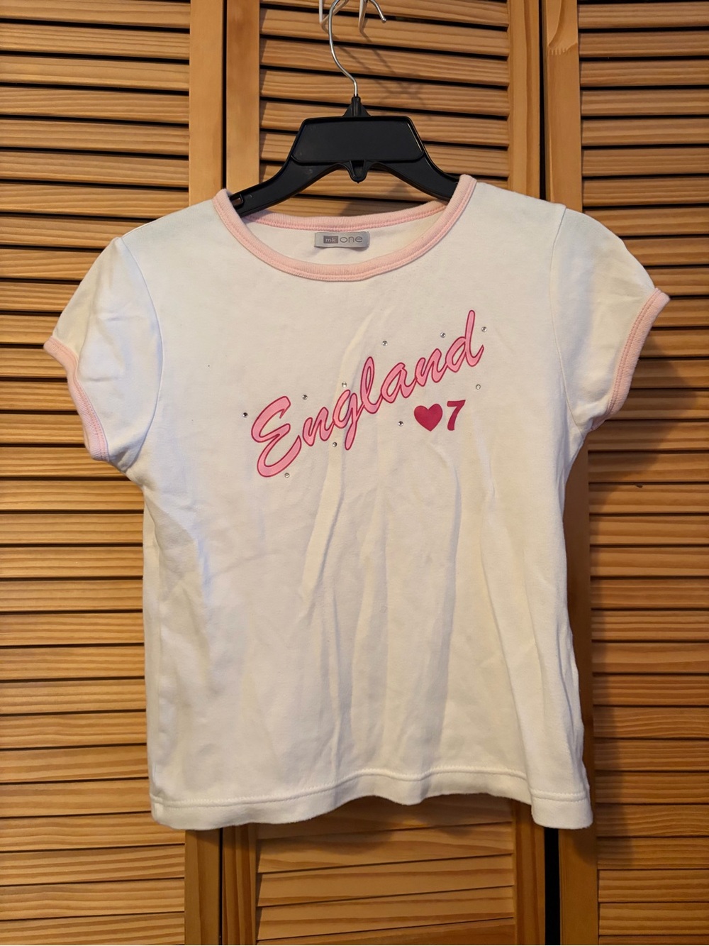 Y2K MK One England baby tee with pink 'England' text and heart symbol